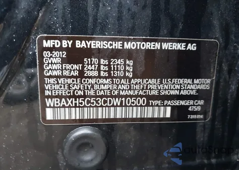 2012 BMW 528I xDrive из США, поврежденный, VIN WBAXH5C53CDW10500